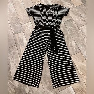 Lauren Ralph Lauren Black and White Striped Belted Wide Leg Jumpsuit